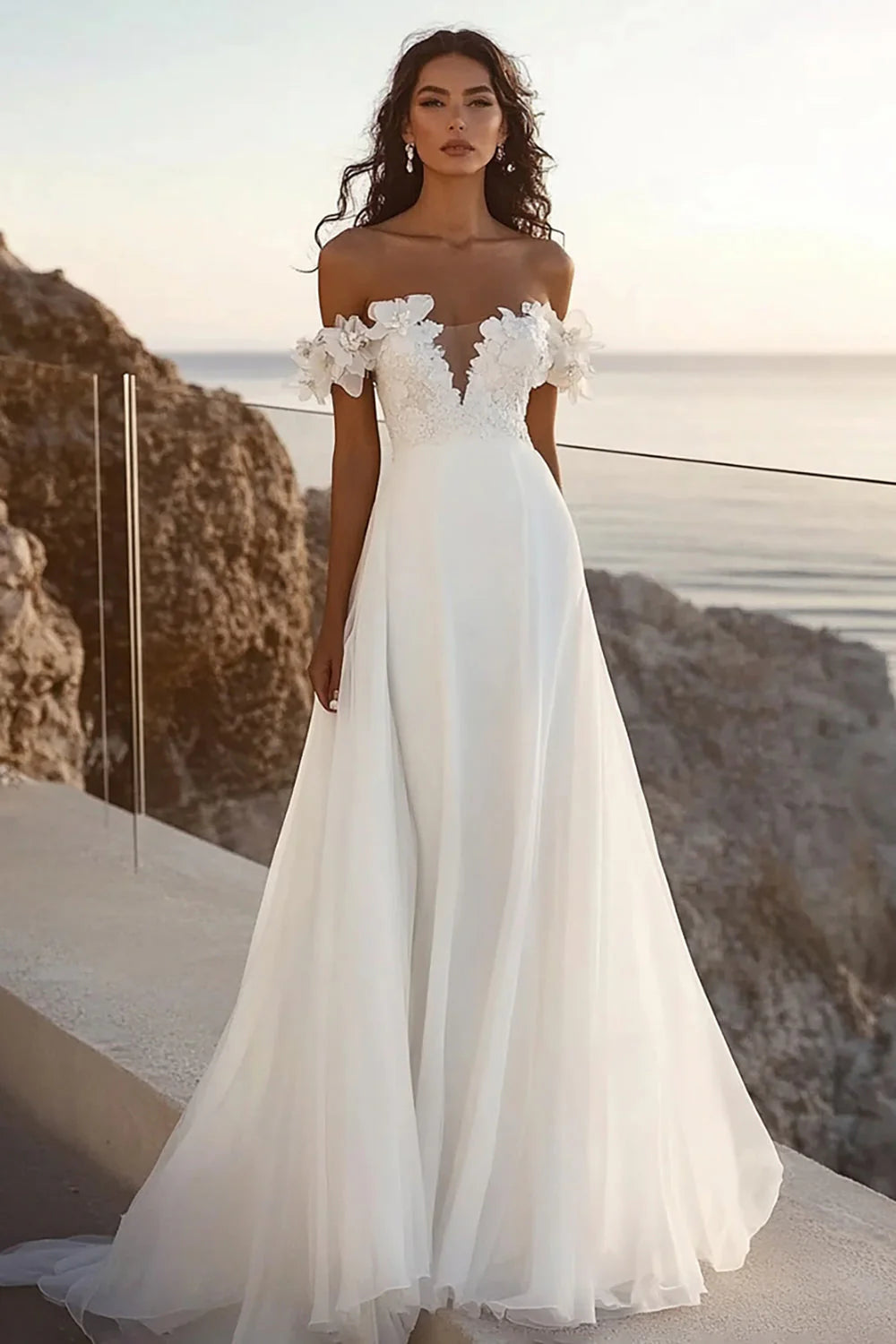 Ivory Chiffon Sweep Train A Line Long Full Of Charm Wedding Dress